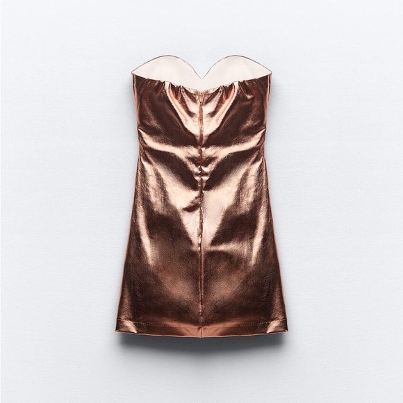 Zara NWT rose gold metallic sweetheart ruched faux leather patent mini dress - Picture 4 of 12